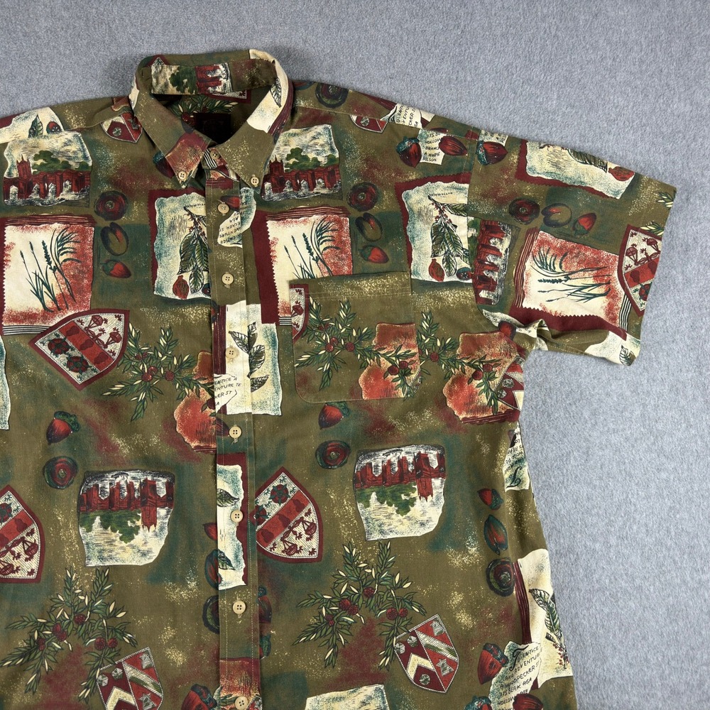 Vintage Haggar Shirt Mens XL Green Floral Crest Hawaiian Short Sleeve Golf